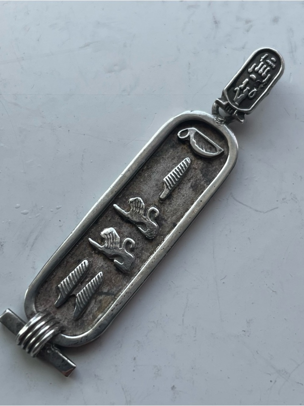 Vintage Egyptian Cartouche Hieroglyphics Symbols Sterling Silver Pendant